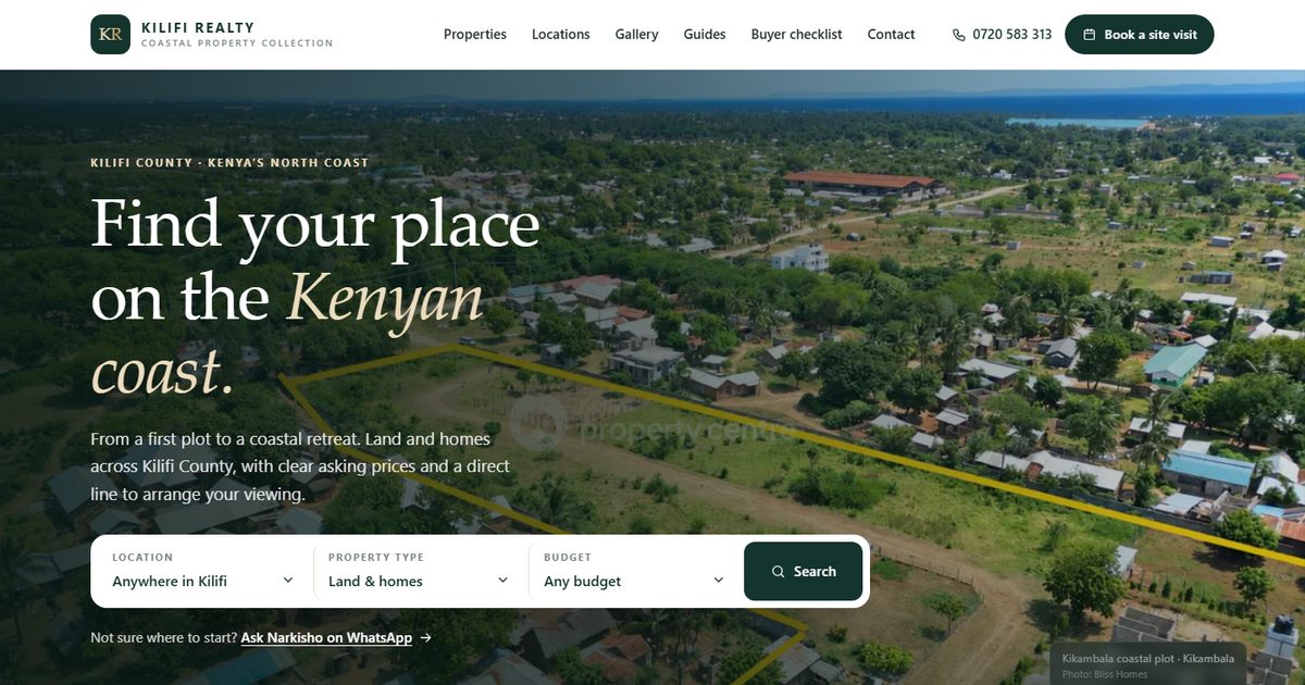 Kilifi Realty coastal property website, built by Kavenacc